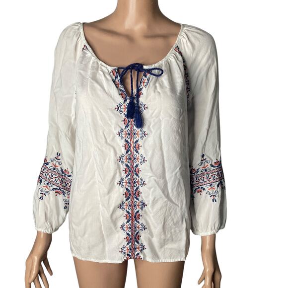 Lucky Brand Peasant Blouse Womens Small Long Sleeve Embroidered - Picture 1 of 11